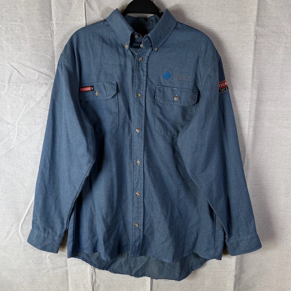 Tecgen FR Mens Large Blue Flame Resistant Work Shirt ONEOK CAT 2 Button Down